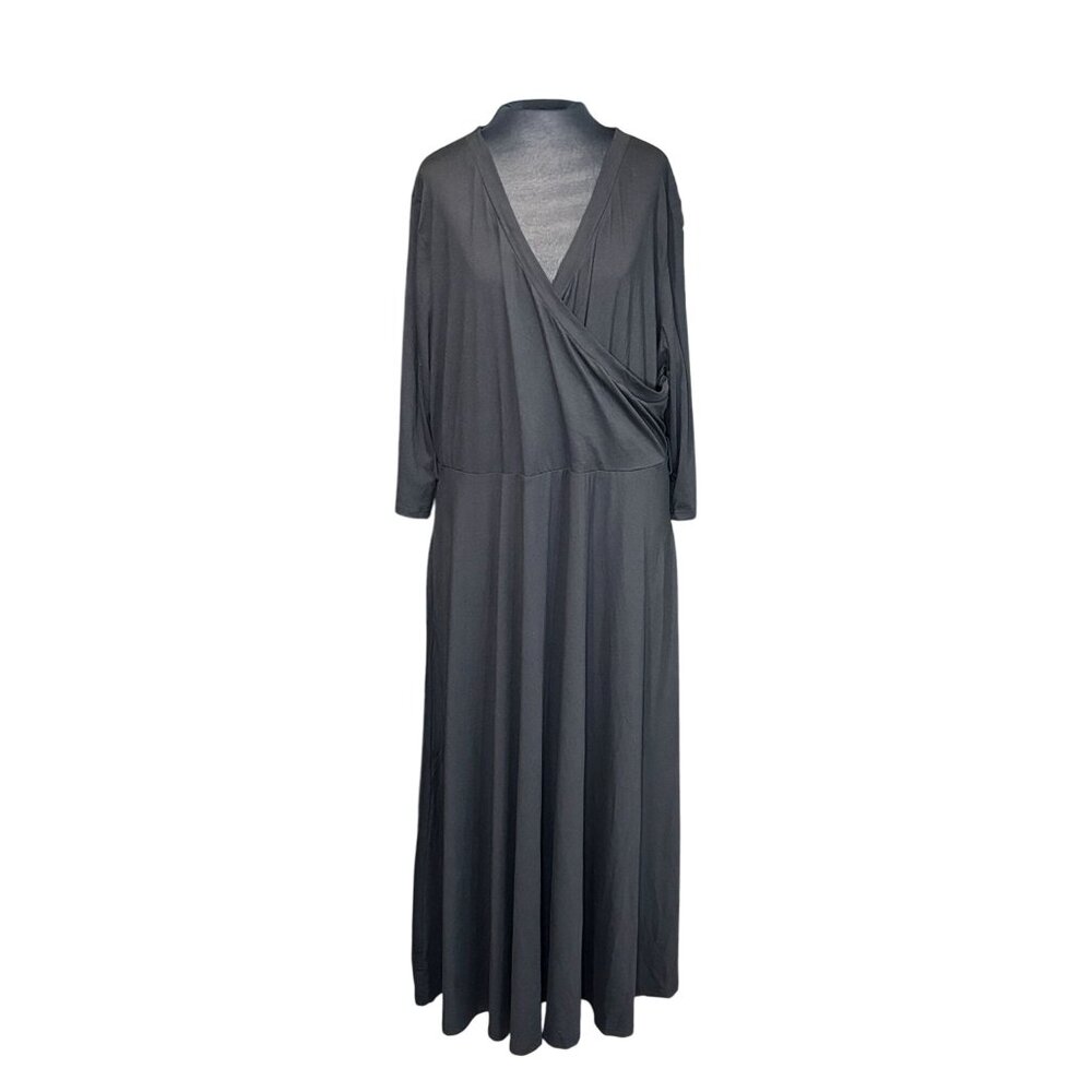 Plus Size 3XL Black Maxi Dress With Wrap Front & 3/4 Sleeves